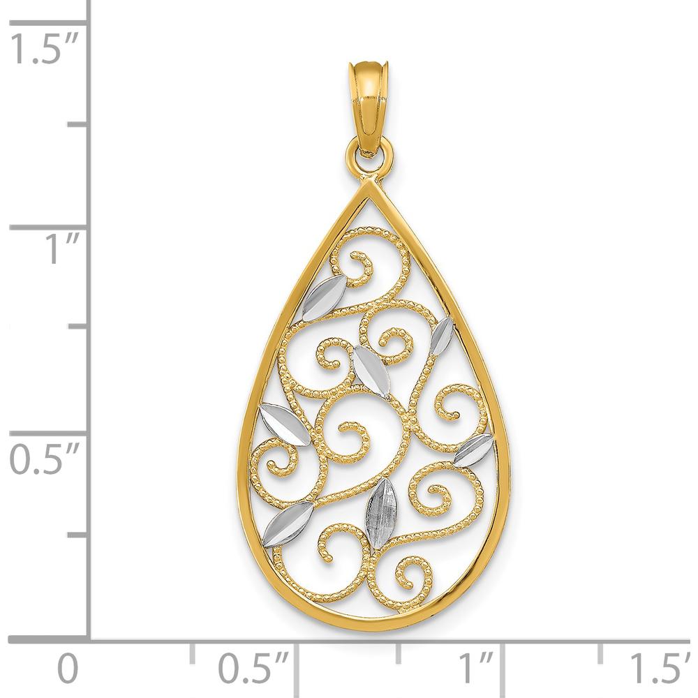 14K Yellow Gold Diamond-Cut Teardrop Filigree Charm with Rhodium Accents by Oro Pregiato