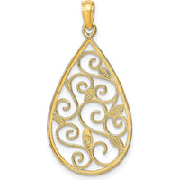 14K Yellow Gold Diamond-Cut Teardrop Filigree Charm with Rhodium Accents by Oro Pregiato