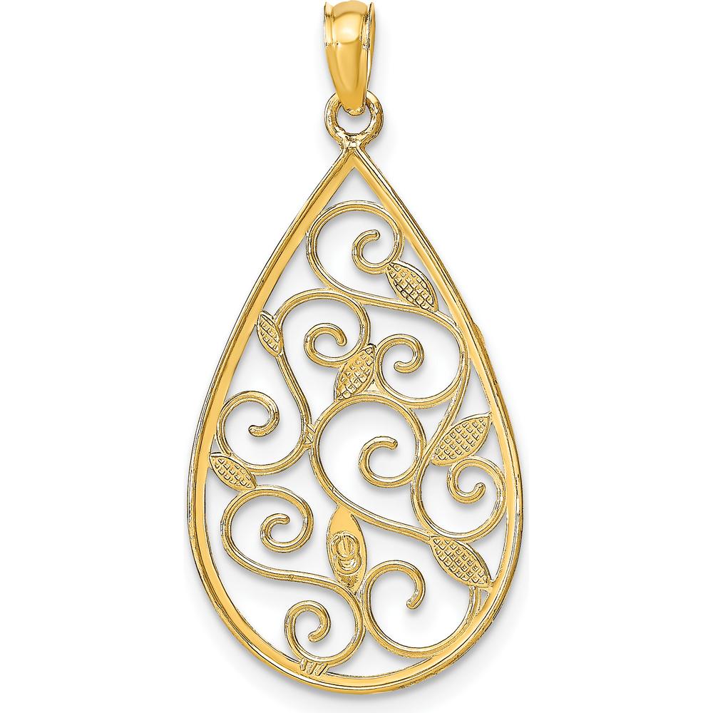 14K Yellow Gold Diamond-Cut Teardrop Filigree Charm with Rhodium Accents by Oro Pregiato