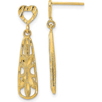 14K Yellow Gold Diamond-Cut Teardrop Heart Dangle Post Earrings - 29.12mm Length by 0