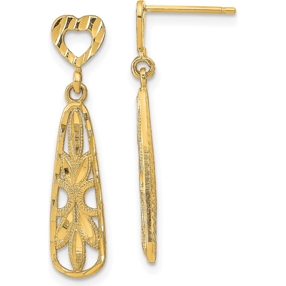 14K Yellow Gold Diamond-Cut Teardrop Heart Dangle Post Earrings - 29.12mm Length by 0
