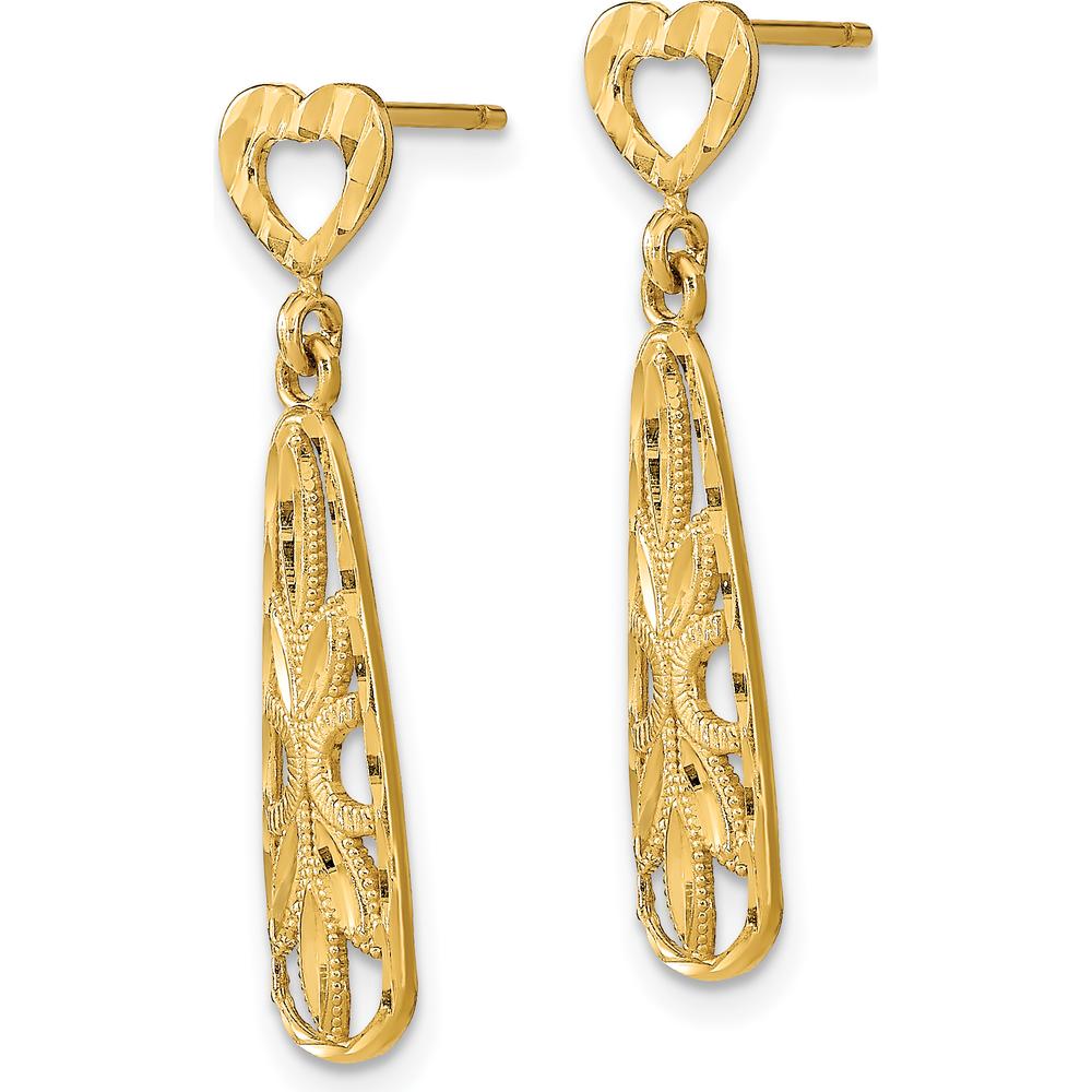 14K Yellow Gold Diamond-Cut Teardrop Heart Dangle Post Earrings - 29.12mm Length by 0