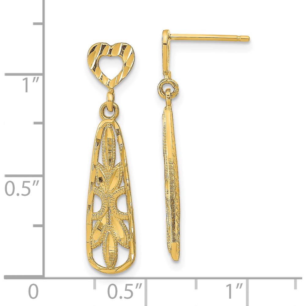 14K Yellow Gold Diamond-Cut Teardrop Heart Dangle Post Earrings - 29.12mm Length by 0