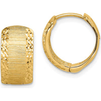 14K Yellow Gold Diamond-Cut Textured Hoop Earrings with Hinged Lock Closure - 14.15mm Length, 13.2mm Width by 0