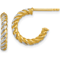 14K Yellow Gold Diamond-Cut Twisted Tube C-Hoop Post Earrings with White Rhodium Accents - 15.5mm Length by 0