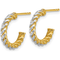 14K Yellow Gold Diamond-Cut Twisted Tube C-Hoop Post Earrings with White Rhodium Accents - 15.5mm Length by 0