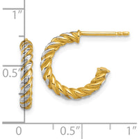 14K Yellow Gold Diamond-Cut Twisted Tube C-Hoop Post Earrings with White Rhodium Accents - 15.5mm Length by 0