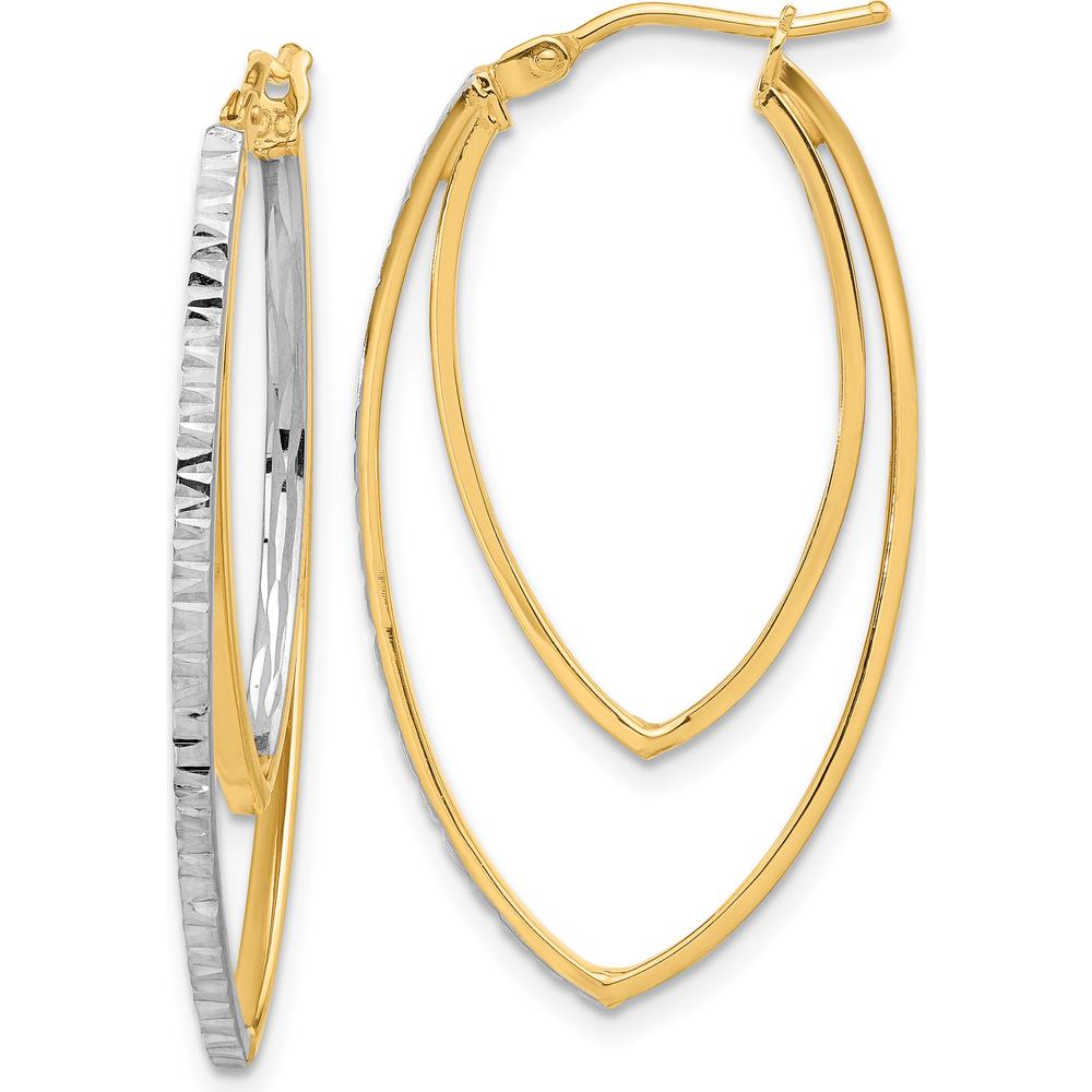 14K Yellow Gold Diamond-cut V-Shape Hoop Earrings with Rhodium Accents by 0
