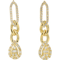 14K Yellow Gold Diamond Drop Earrings with Baguette and Round Mixed-Cut Teardrop Pendants - 0.45 Carat Total Diamond Weight