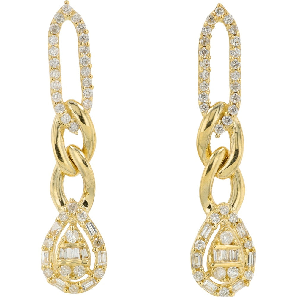 14K Yellow Gold Diamond Drop Earrings with Baguette and Round Mixed-Cut Teardrop Pendants - 0.45 Carat Total Diamond Weight