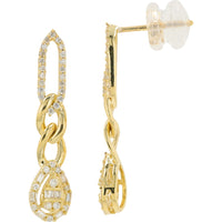 14K Yellow Gold Diamond Drop Earrings with Baguette and Round Mixed-Cut Teardrop Pendants - 0.45 Carat Total Diamond Weight