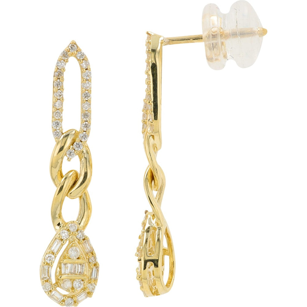 14K Yellow Gold Diamond Drop Earrings with Baguette and Round Mixed-Cut Teardrop Pendants - 0.45 Carat Total Diamond Weight