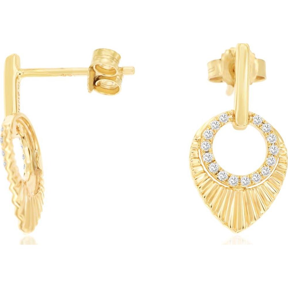 14K Yellow Gold Diamond Drop Earrings with Round Diamond Open Circle and Textured Fan Motif - 0.14 Carat Total Diamond Weight - Royal Jewelry