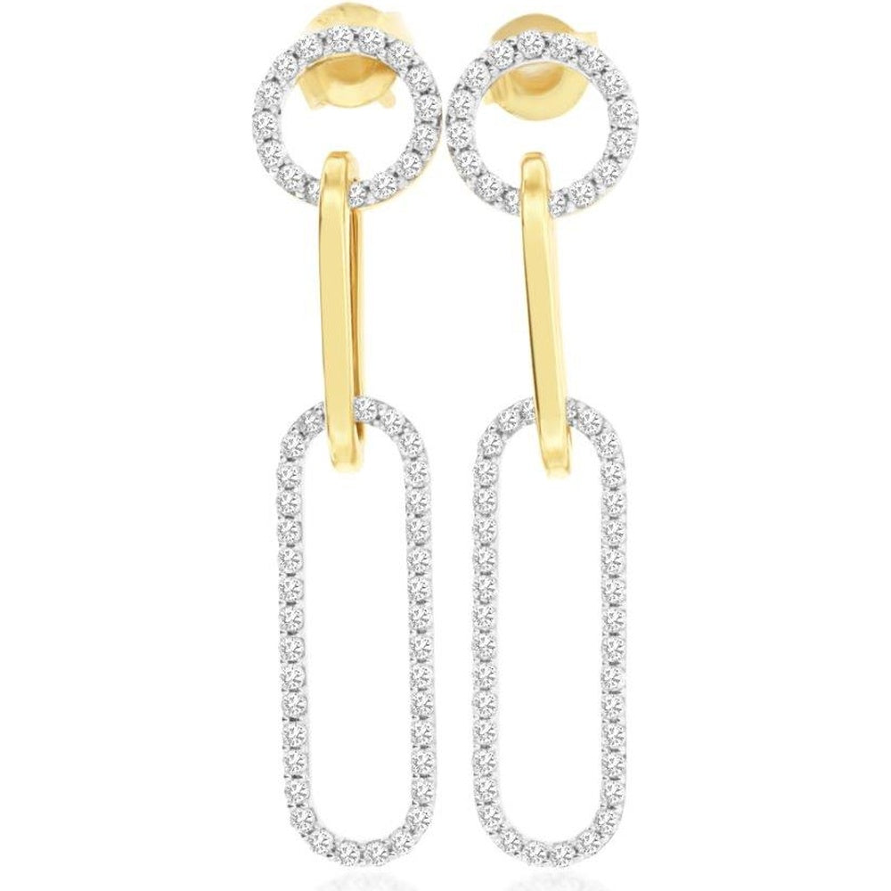 14K Yellow Gold Diamond Drop Earrings with Round Prong-Set Halos and Elongated Diamond Hoops - 0.90 Carat Total Diamond Weight - Royal Jewelry