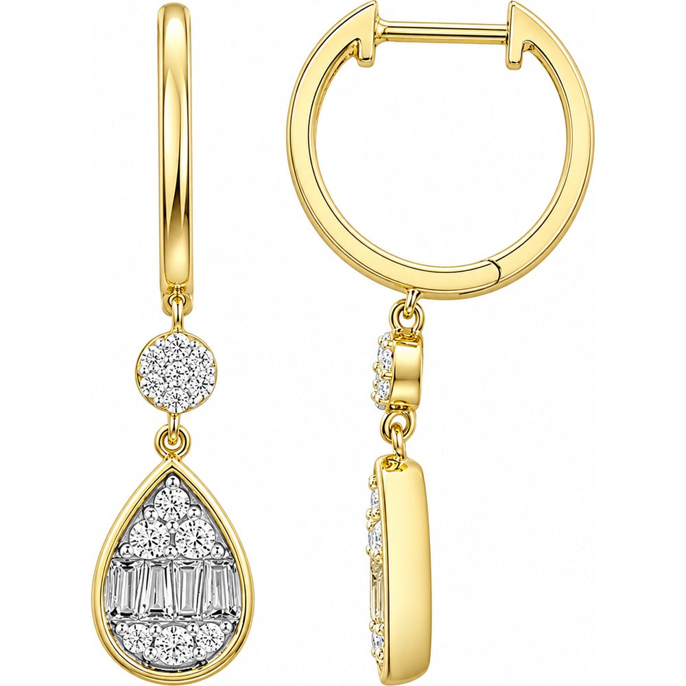 14K Yellow Gold Diamond Drop Hoop Earrings with Pavé Set Round and Baguette Diamonds - 0.55 Carat Total Diamond Weight by Auriventus
