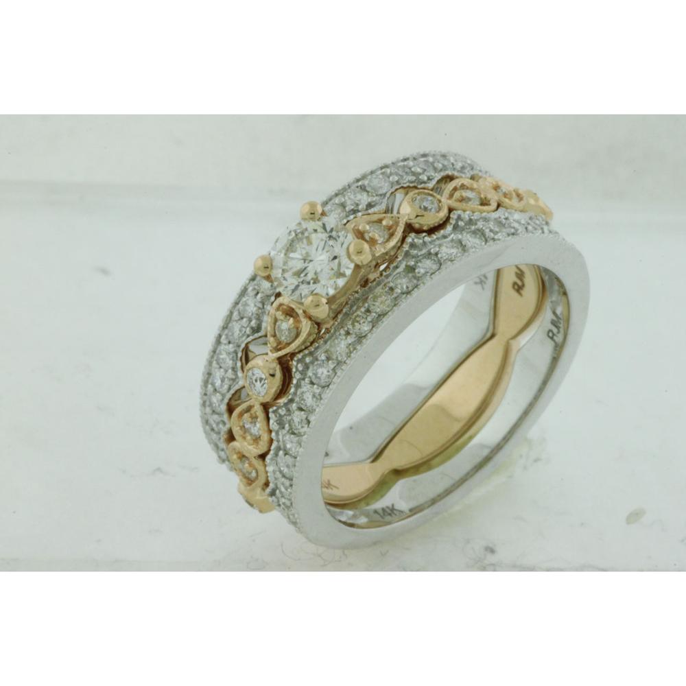 14K Yellow Gold Diamond Engagement and Wedding Band Set with Round Center Diamond and Diamond Accents - 1.00 Carat Total Diamond Weight - Royal Jewelry