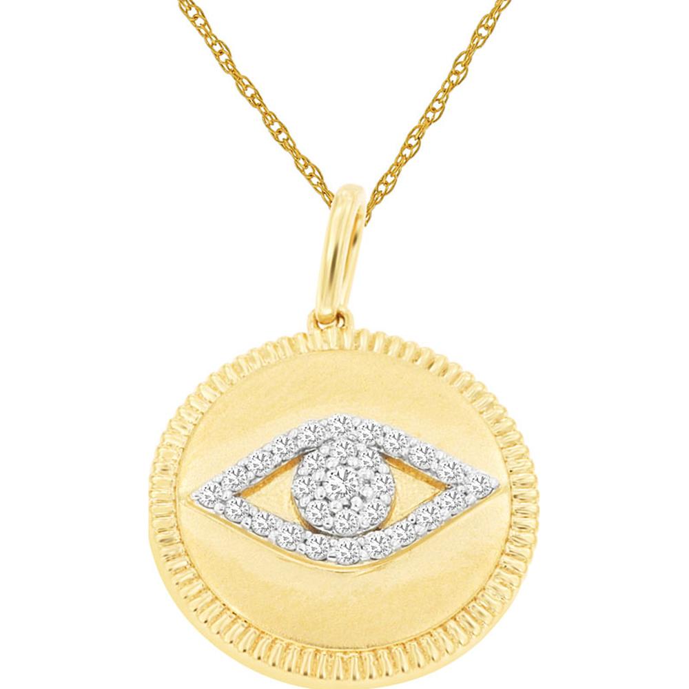 14K Yellow Gold Diamond Evil Eye Pendant with Pavé Set Round Brilliant Diamonds - 0.14 Carat Total Diamond Weight - Royal Jewelry
