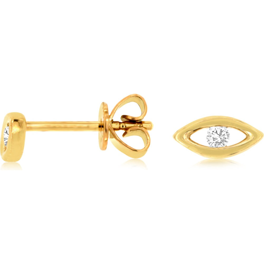 14K Yellow Gold Diamond Eye Stud Earrings with Bezel-Set Round Diamonds - 0.07 Carat Total Diamond Weight - Royal Jewelry