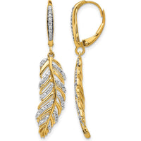 14K Yellow Gold Diamond Feather Leverback Drop Earrings - 0.027 Carats Total Diamond Weight by Monteluci Fine Jewelry
