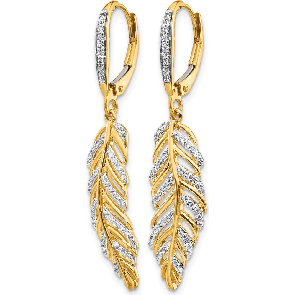 14K Yellow Gold Diamond Feather Leverback Drop Earrings - 0.027 Carats Total Diamond Weight by Monteluci Fine Jewelry