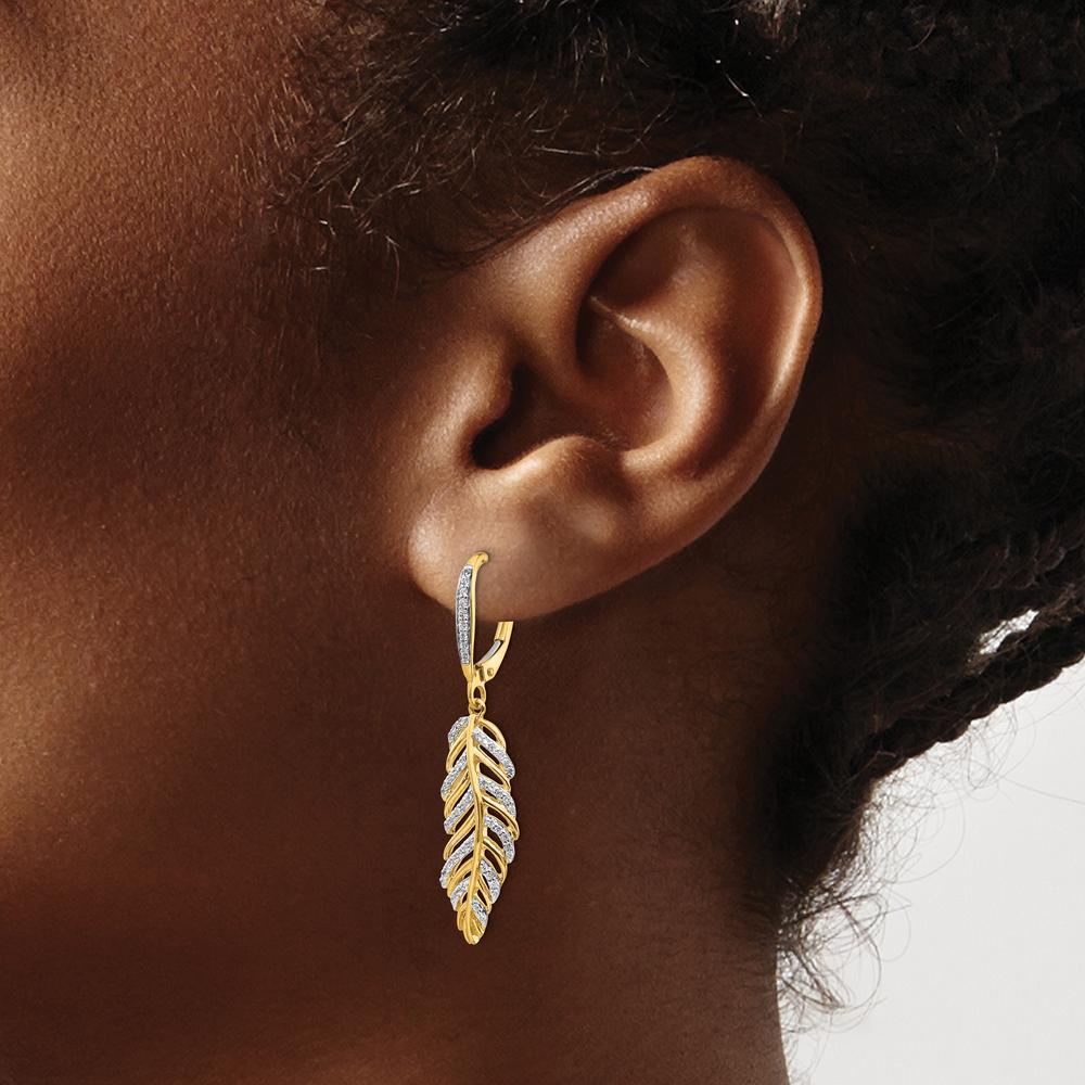 14K Yellow Gold Diamond Feather Leverback Drop Earrings - 0.027 Carats Total Diamond Weight by Monteluci Fine Jewelry