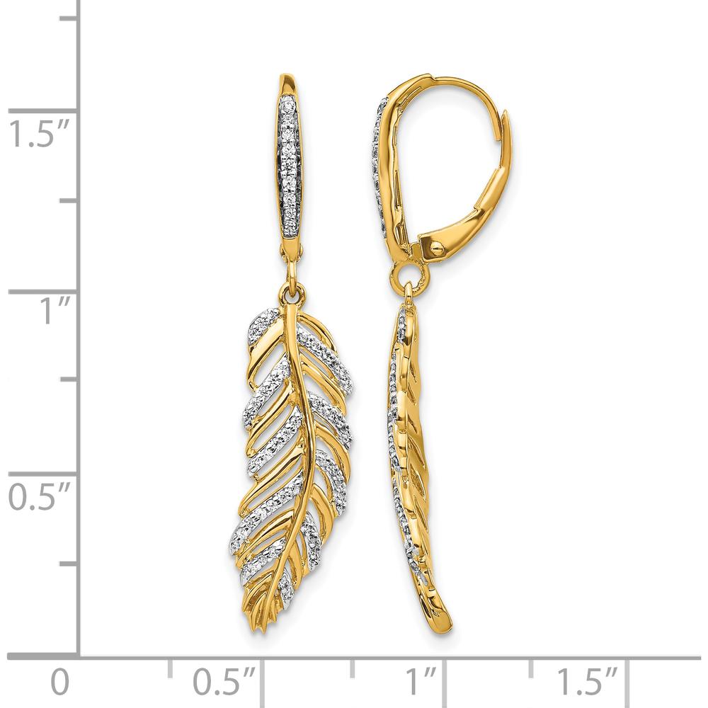 14K Yellow Gold Diamond Feather Leverback Drop Earrings - 0.027 Carats Total Diamond Weight by Monteluci Fine Jewelry