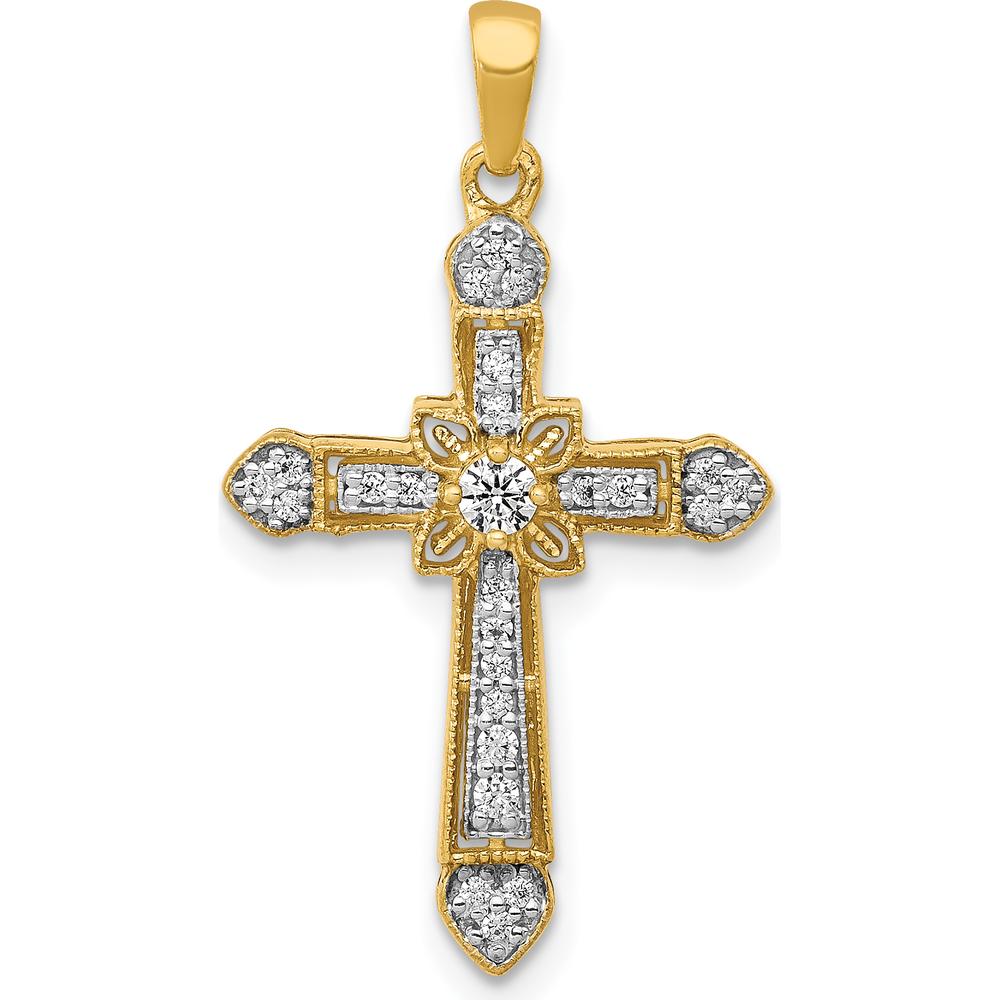 14K Yellow Gold Diamond Filigree Cross Pendant with Round Diamonds - 1/6 Carat Total Diamond Weight by Monteluci Fine Jewelry