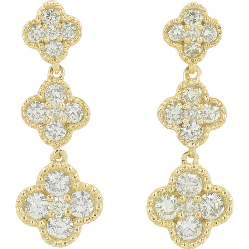14K Yellow Gold Diamond Flower Drop Earrings - 1.00 Carat Total Diamond Weight