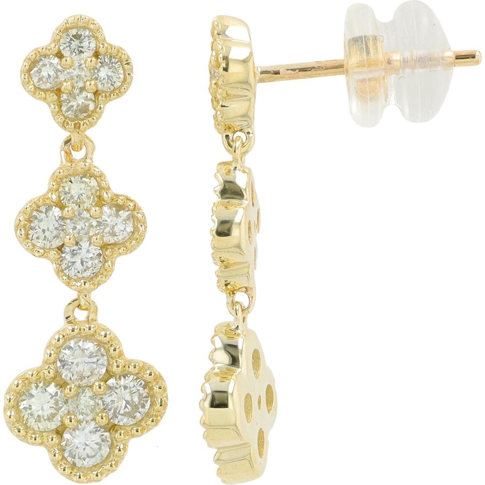 14K Yellow Gold Diamond Flower Drop Earrings - 1.00 Carat Total Diamond Weight