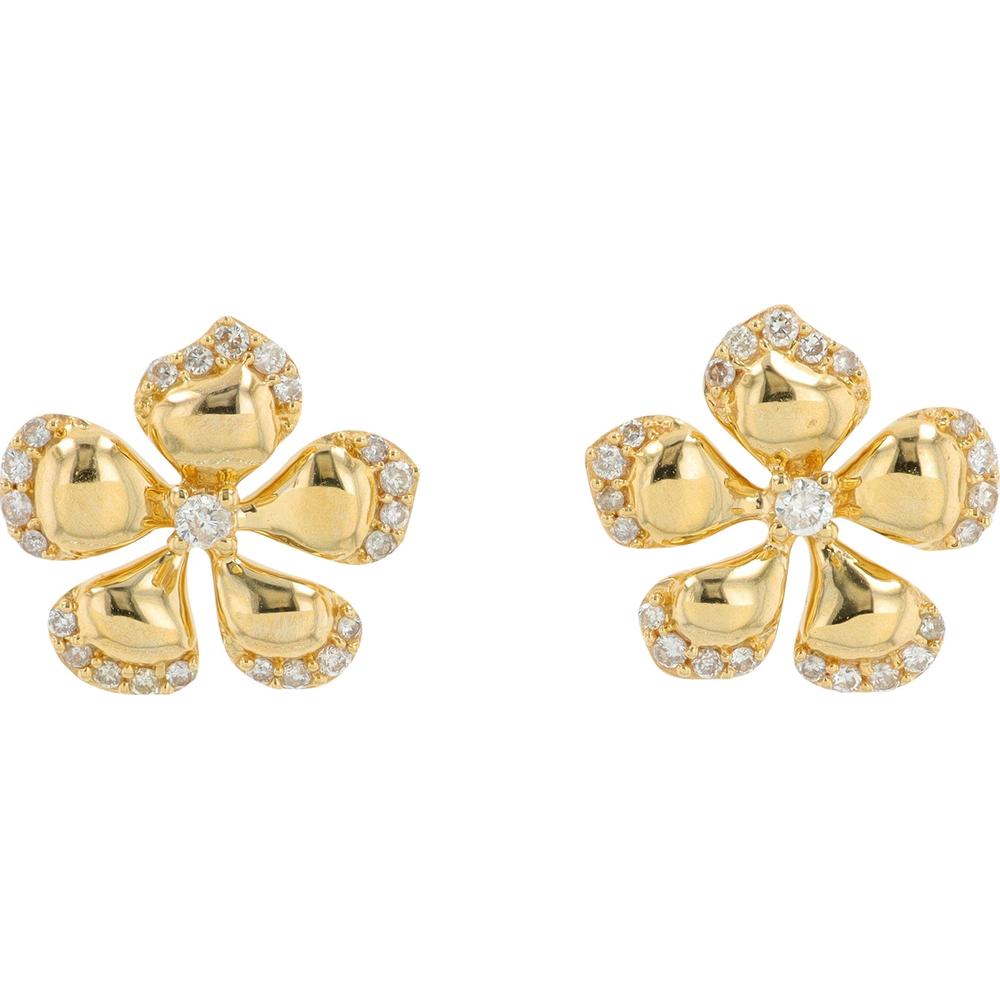 14K Yellow Gold Diamond Flower Stud Earrings - 0.30 Carat Total Diamond Weight