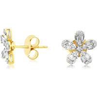 14K Yellow Gold Diamond Flower Stud Earrings with Round and Baguette Cut Diamonds - 0.25 Carat Total Diamond Weight - Royal Jewelry