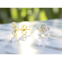 14K Yellow Gold Diamond Flower Stud Earrings with Round and Baguette Cut Diamonds - 0.25 Carat Total Diamond Weight - Royal Jewelry