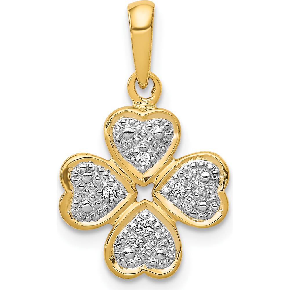 14K Yellow Gold Diamond Four Leaf Clover Pendant with Textured Rhodium Accents - 0.02 Carat Total Diamond Weight by Monteluci Fine Jewelry
