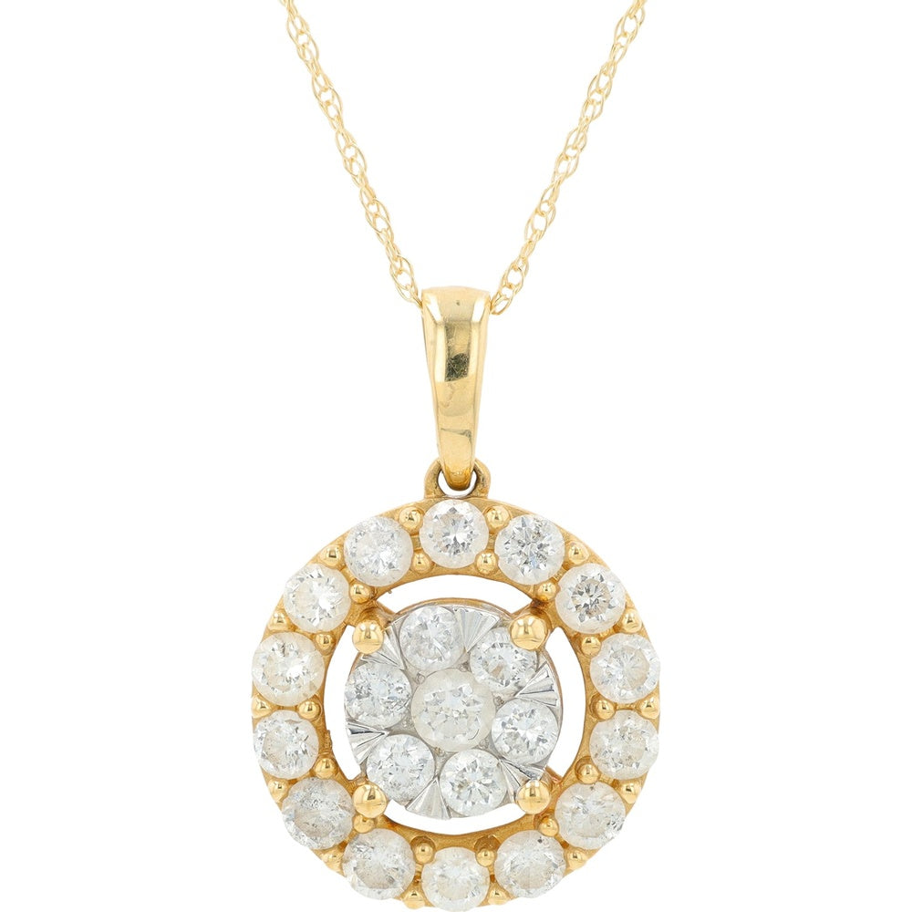 14K Yellow Gold Diamond Halo Cluster Pendant with Round Brilliant Cut Diamonds - 1.00 Carat Total Diamond Weight