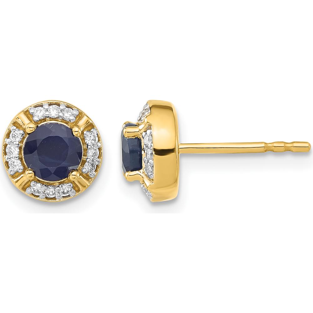 14K Yellow Gold Diamond Halo Earrings with Round Sapphire - 0.33 Carats Sapphire, 0.06 Carats Diamond Total Weight by Monteluci Fine Jewelry