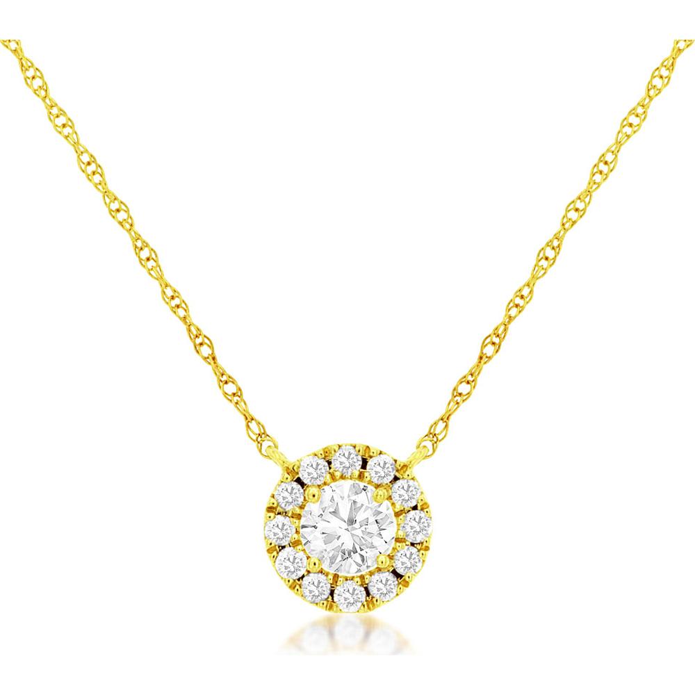 14K Yellow Gold Diamond Halo Necklace with 0.37 Carats Total Round Diamonds