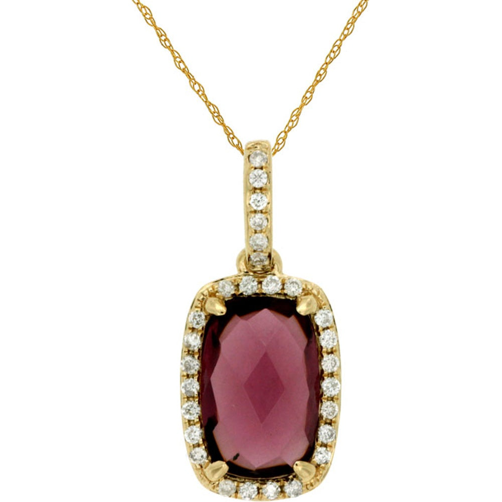 14K Yellow Gold Diamond Halo Pendant with Cushion Cut Rhodolite Gemstone - 2.00 Carat Rhodolite and 0.11 Carat Total Diamond Weight - Royal Jewelry