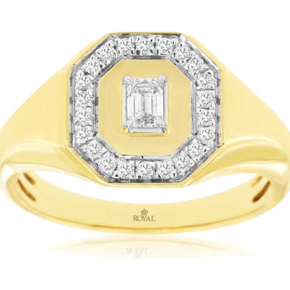 14K Yellow Gold Diamond Halo Ring with Emerald-Cut Center Diamond - 0.32 Carats Total Diamond Weight
