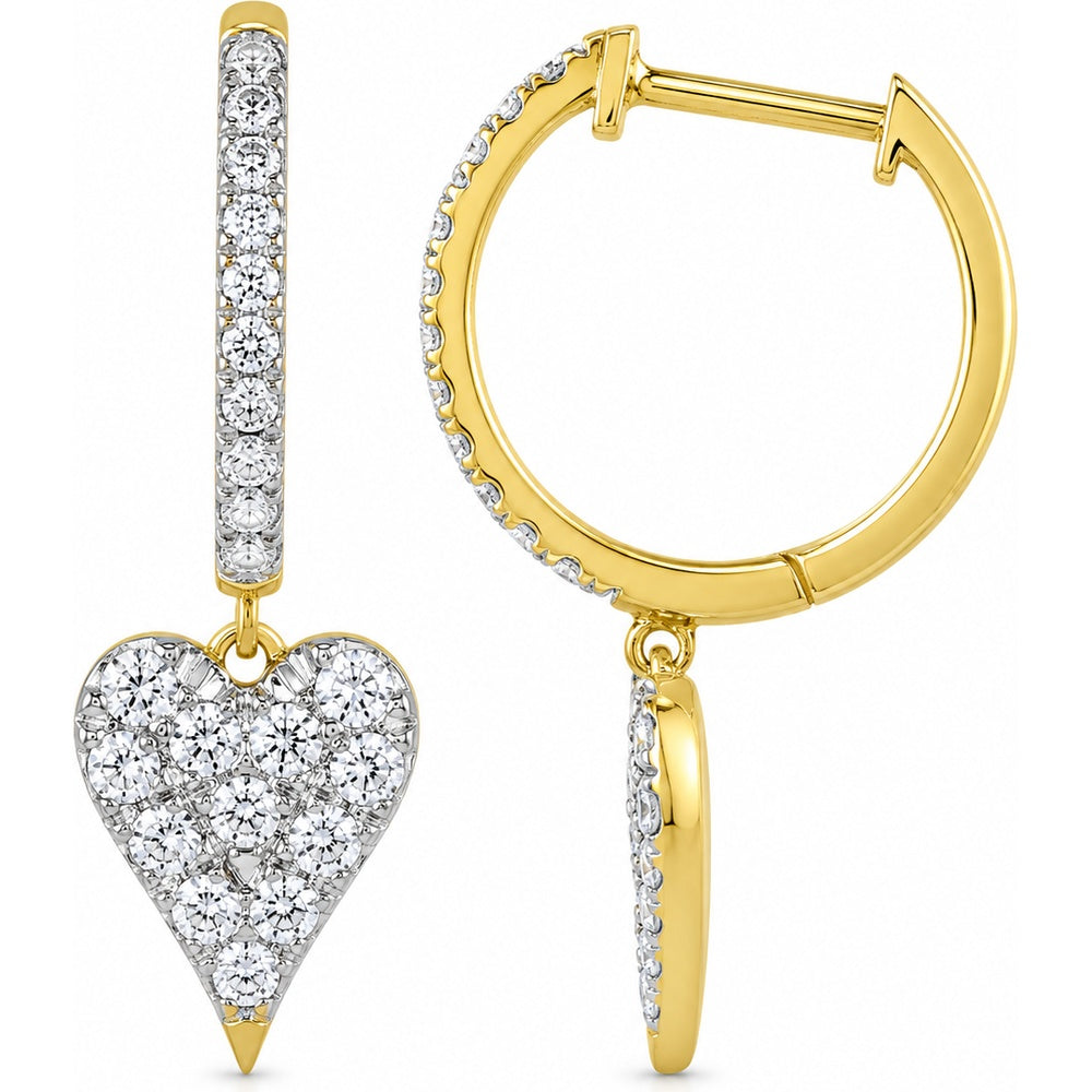 14K Yellow Gold Diamond Heart Hoop Earrings with Pavé Set Round Diamonds - 0.53 Carat Total Diamond Weight by Auriventus