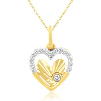 14K Yellow Gold Diamond Heart Pendant with Sunburst Inner Design and Bezel-Set Accent Diamond - 0.09 Carat Total Diamond Weight - Royal Jewelry
