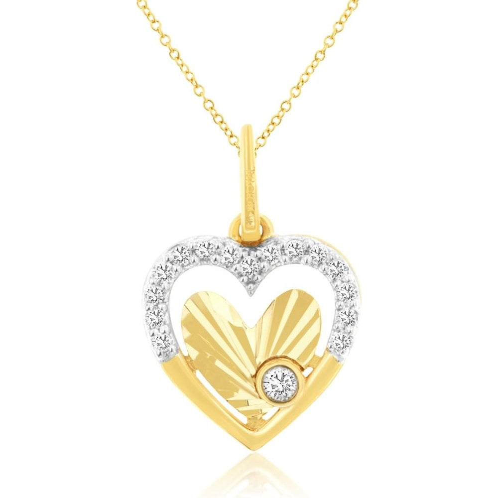 14K Yellow Gold Diamond Heart Pendant with Sunburst Inner Design and Bezel-Set Accent Diamond - 0.09 Carat Total Diamond Weight - Royal Jewelry