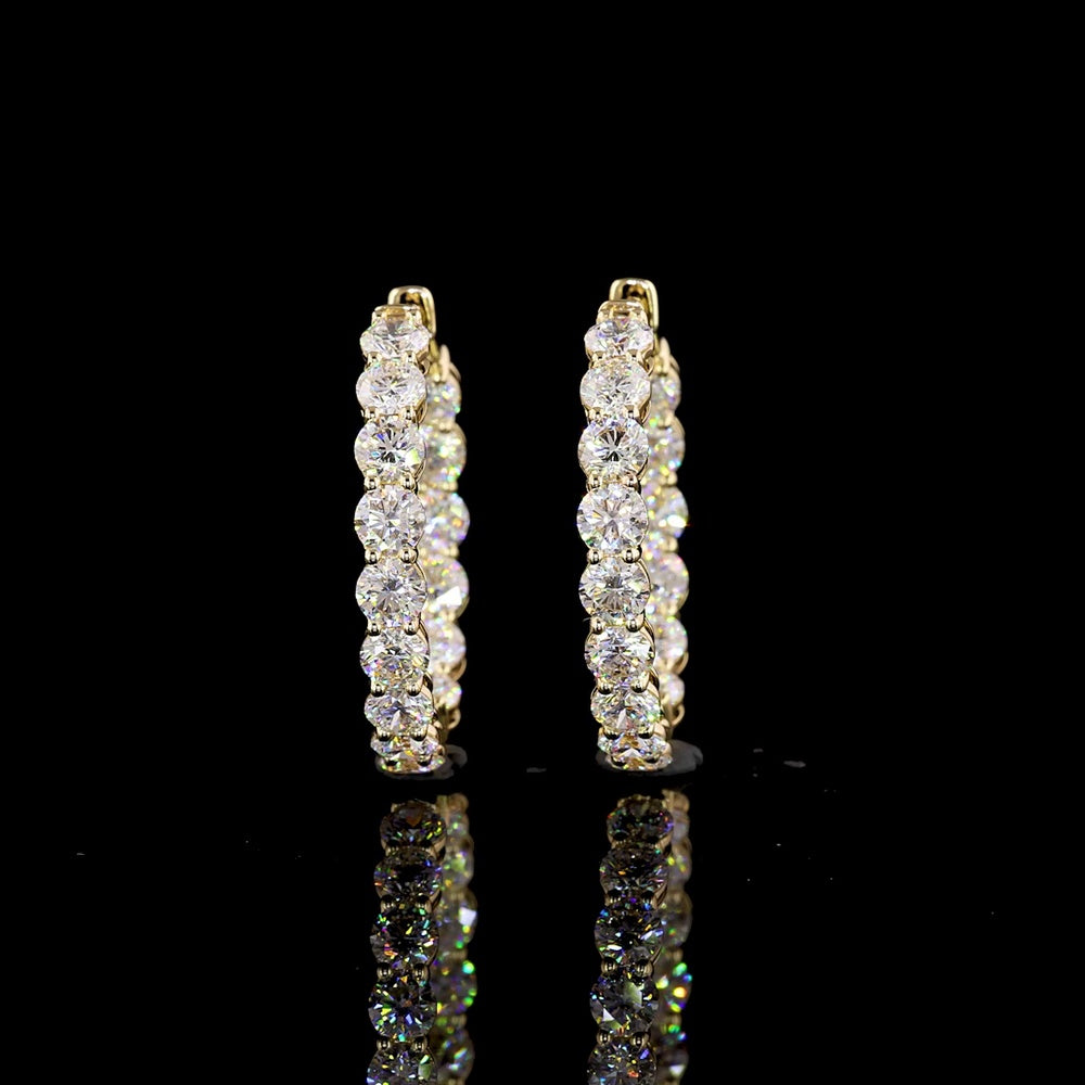 14K Yellow Gold Diamond Hoop Earrings - 6.33 Carat Total Weight Round Brilliant Cut Lab Diamonds, E-F Color VS1 Clarity, Prong Set - Covaloro Fine Jewelry