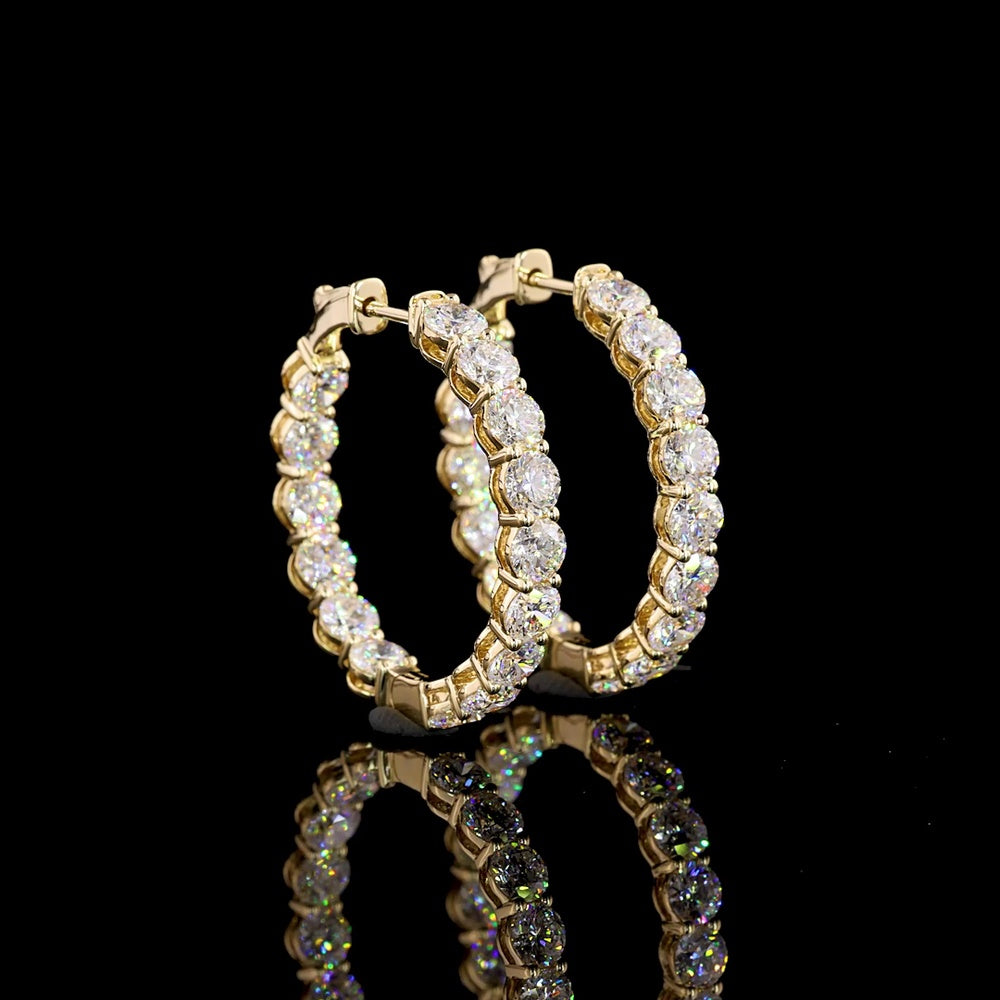 14K Yellow Gold Diamond Hoop Earrings - 6.33 Carat Total Weight Round Brilliant Cut Lab Diamonds, E-F Color VS1 Clarity, Prong Set - Covaloro Fine Jewelry