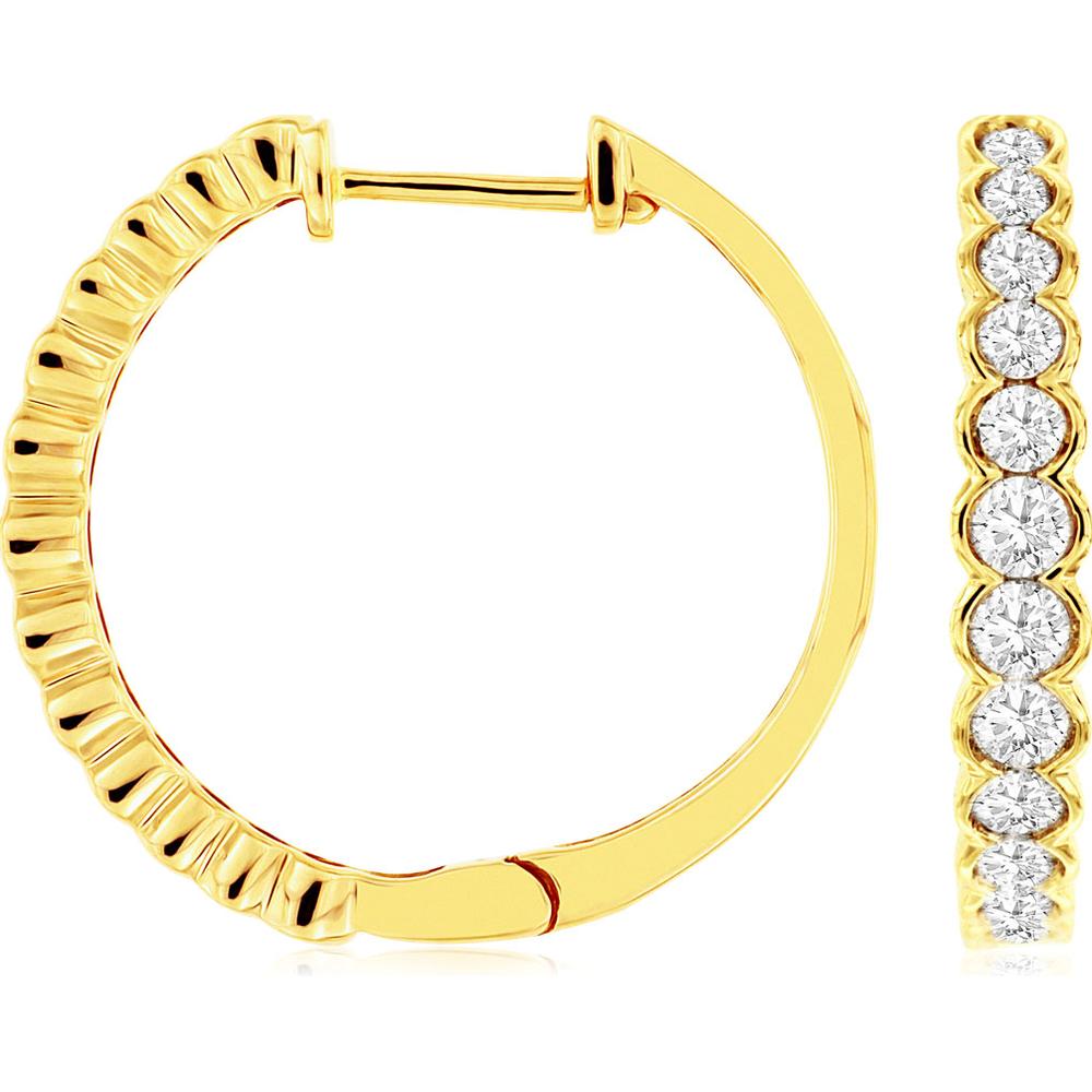 14K Yellow Gold Diamond Hoop Earrings with Bezel Set Round Brilliant Cut Diamonds - 1.00 Carat Total Diamond Weight - Royal Jewelry