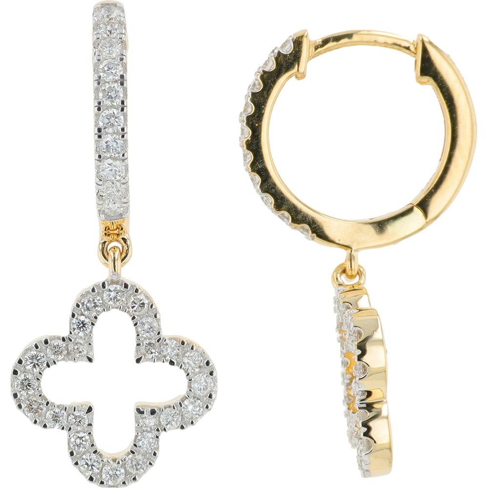 14K Yellow Gold Diamond Hoop Earrings with Pave Set Quatrefoil Design - 0.53 Carat Total Diamond Weight