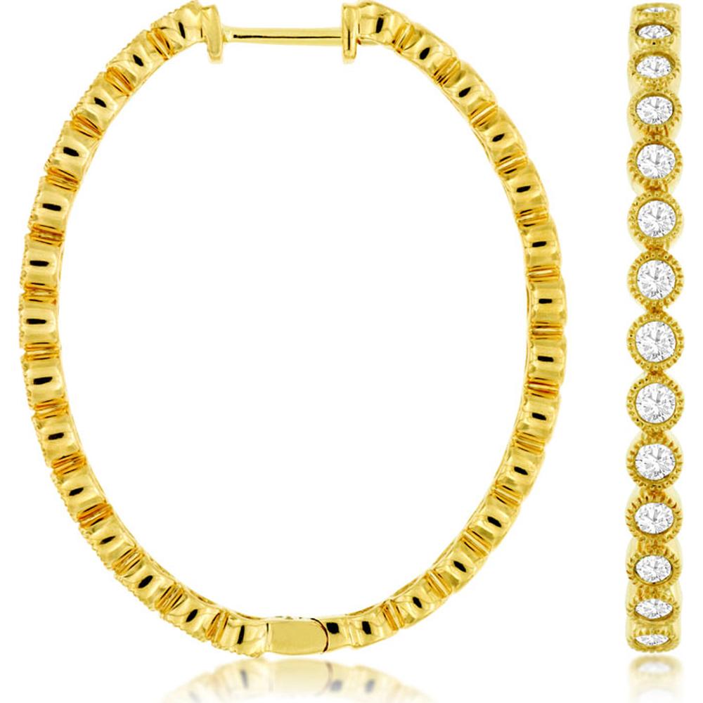 14K Yellow Gold Diamond Hoop Earrings with Round Brilliant Diamonds - 1.00 Carats Total Diamond Weight