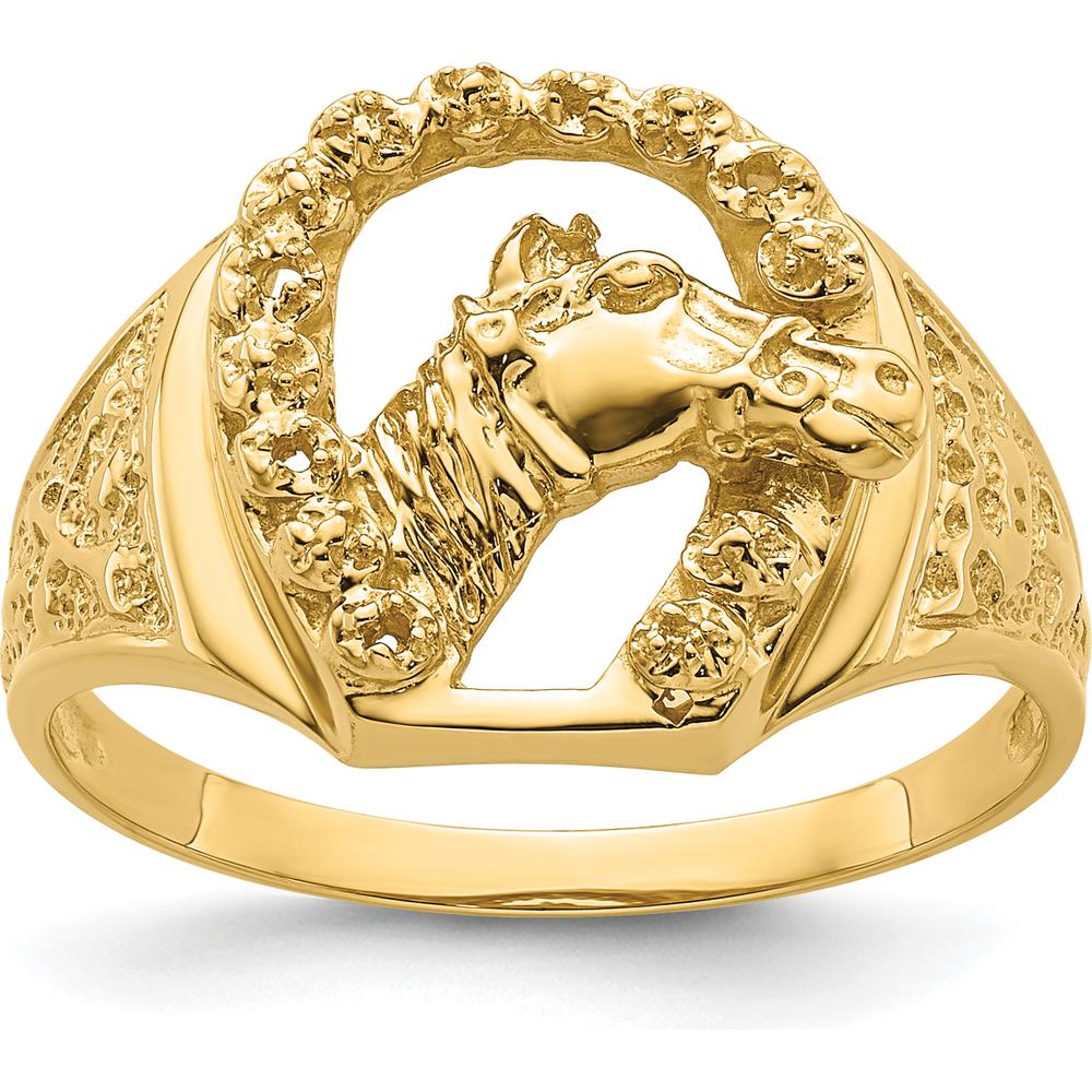 14K Yellow Gold Diamond Horseshoe Ring with Horse Center - Customizable Setting for Stones by Oro Pregiato
