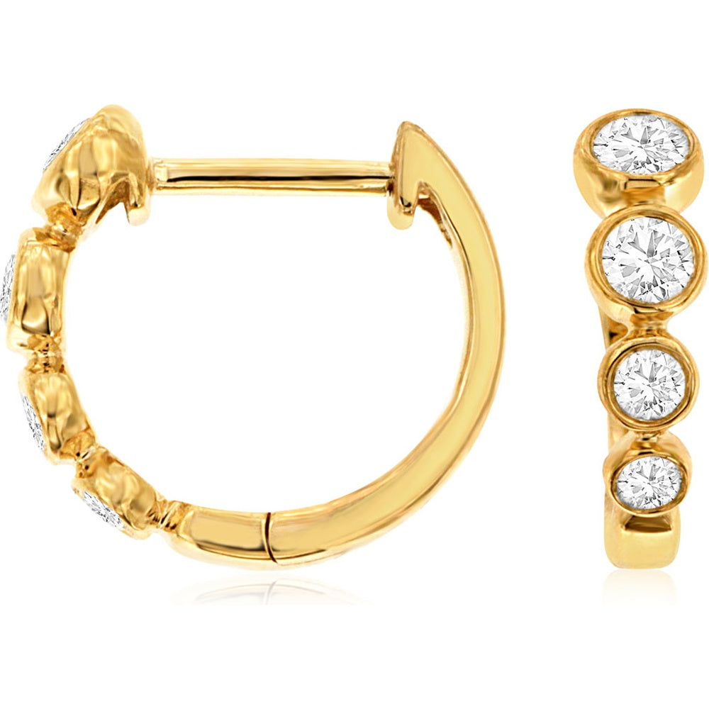14K Yellow Gold Diamond Huggie Earrings with Bezel Set Round Diamonds - 0.32 Carat Total Diamond Weight - Royal Jewelry