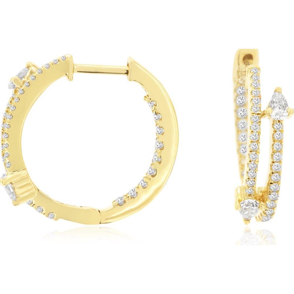 14K Yellow Gold Diamond Huggie Earrings with Round and Pear-Shaped Diamond Accents - 0.62 Carat Total Diamond Weight - Royal Jewelry