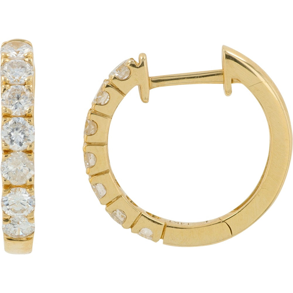 14K Yellow Gold Diamond Huggie Hoop Earrings with Bar-Set Round Diamonds - 0.75 Carat Total Diamond Weight